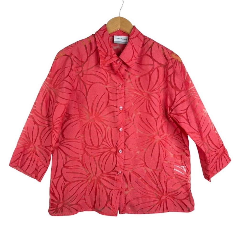 alfred dunner Petite Womens Blouse Coral Red 3/4 Sleeve Floral Burnout Size 8P